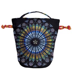 Stained Glass Rose Window In France s Strasbourg Cathedral Drawstring Bucket Bag by Ket1n9
