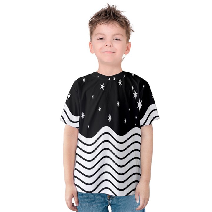 Black And White Waves And Stars Abstract Backdrop Clipart Kids  Cotton T-Shirt