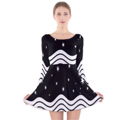 Black And White Waves And Stars Abstract Backdrop Clipart Long Sleeve Velvet Skater Dress