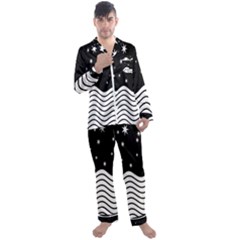 Black And White Waves And Stars Abstract Backdrop Clipart Men s Long Sleeve Satin Pajamas Set