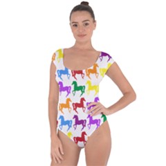 Colorful Horse Background Wallpaper Short Sleeve Leotard 