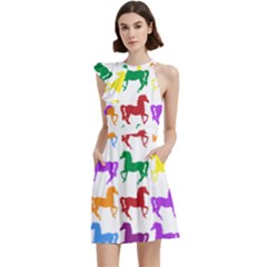Colorful Horse Background Wallpaper Cocktail Party Halter Sleeveless Dress With Pockets