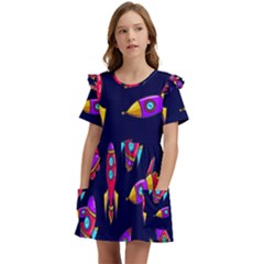 Space Patterns Kids  Frilly Sleeves Pocket Dress