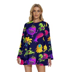 Space Patterns Round Neck Long Sleeve Bohemian Style Chiffon Mini Dress by Hannah976