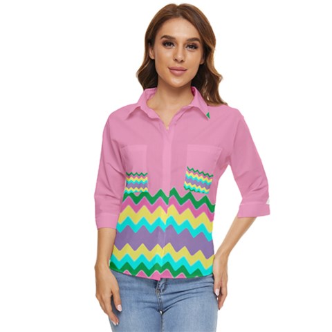 Easter Chevron Pattern Stripes Women s Quarter Sleeve Pocket Shirt by Hannah976