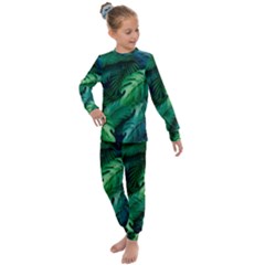 Tropical Green Leaves Background Kids  Long Sleeve Set 