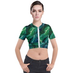 Tropical Green Leaves Background Short Sleeve Cropped Jacket by Hannah976