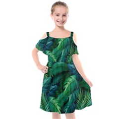 Tropical Green Leaves Background Kids  Cut Out Shoulders Chiffon Dress