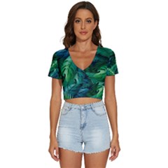 Tropical Green Leaves Background V-neck Crop Top by Hannah976