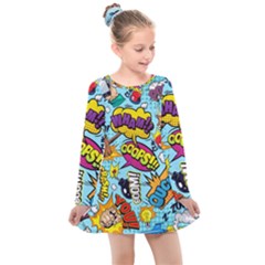 Comic Elements Colorful Seamless Pattern Kids  Long Sleeve Dress