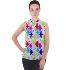 Snowflake Pattern Repeated Mock Neck Chiffon Sleeveless Top