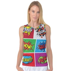 Pop Art Comic Vector Speech Cartoon Bubbles Popart Style With Humor Text Boom Bang Bubbling Expressi Women s Basketball Tank Top