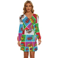 Pop Art Comic Vector Speech Cartoon Bubbles Popart Style With Humor Text Boom Bang Bubbling Expressi Long Sleeve Waist Tie Ruffle Velvet Dress by Hannah976