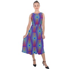 Red Blue Bee Hive Pattern Midi Tie-back Chiffon Dress by Hannah976