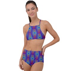 Red Blue Bee Hive Pattern Halter Tankini Set by Hannah976