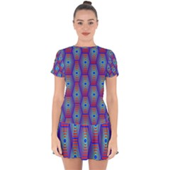 Red Blue Bee Hive Pattern Drop Hem Mini Chiffon Dress by Hannah976