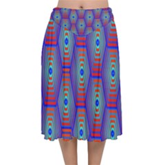 Red Blue Bee Hive Pattern Velvet Flared Midi Skirt