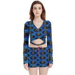 Blue Bee Hive Pattern Velvet Wrap Crop Top And Shorts Set by Hannah976