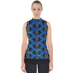 Blue Bee Hive Pattern Mock Neck Shell Top