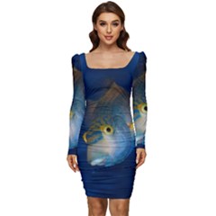 Fish Blue Animal Water Nature Women Long Sleeve Ruched Stretch Jersey Dress by Hannah976