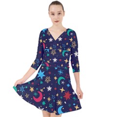 Colorful Background Moons Stars Quarter Sleeve Front Wrap Dress