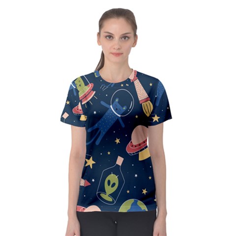 Seamless Pattern With Funny Alien Cat Galaxy Women s Sport Mesh T-shirt by Ndabl3x