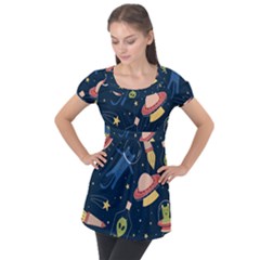 Seamless Pattern With Funny Alien Cat Galaxy Puff Sleeve Tunic Top by Ndabl3x