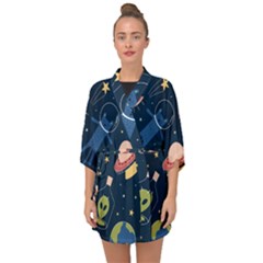 Seamless Pattern With Funny Alien Cat Galaxy Half Sleeve Chiffon Kimono by Ndabl3x