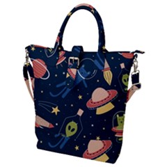 Seamless Pattern With Funny Alien Cat Galaxy Buckle Top Tote Bag by Ndabl3x