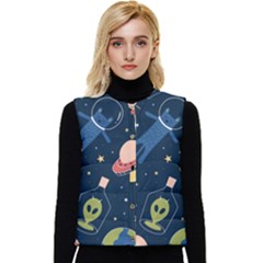 Seamless Pattern With Funny Alien Cat Galaxy Women s Button Up Puffer Vest by Ndabl3x