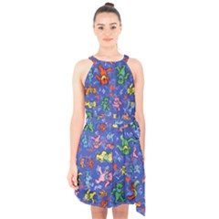 Grateful Dead Bears Pattern Halter Collar Waist Tie Chiffon Dress by Cendanart