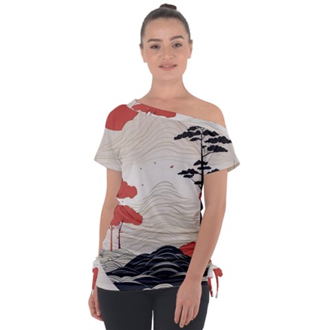 Japanese Nature Spring Garden Off Shoulder Tie-up T-shirt by Ndabl3x