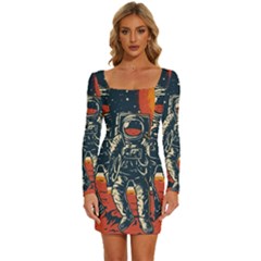 Vintage Retro Space Posters Astronaut Long Sleeve Square Neck Bodycon Velvet Dress by Sarkoni