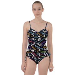 Time Nonlinear Curved Linear Sweetheart Tankini Set by Paksenen