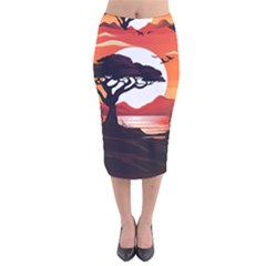 Tree Lake Bird Velvet Midi Pencil Skirt by Bedest