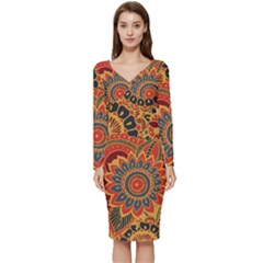 Bright Seamless Pattern With Paisley Mehndi Elements Hand Drawn Wallpaper With Floral Traditional In Long Sleeve V-neck Bodycon Dress  by Ket1n9