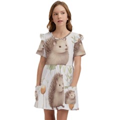 Hedgehog Mushroom Kids  Frilly Sleeves Pocket Dress