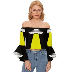 Ufo Flying Saucer Extraterrestrial Off Shoulder Flutter Bell Sleeve Top