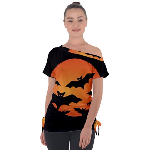 Halloween Bats Moon Full Moon Off Shoulder Tie-up T-shirt by Cendanart