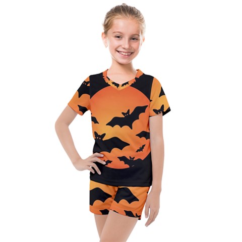 Halloween Bats Moon Full Moon Kids  Mesh T-shirt And Shorts Set by Cendanart