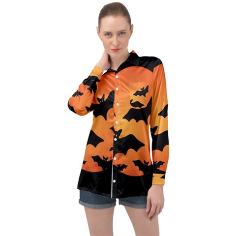 Halloween Bats Moon Full Moon Long Sleeve Satin Shirt by Cendanart