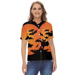 Halloween Bats Moon Full Moon Women s Short Sleeve Double Pocket Shirt