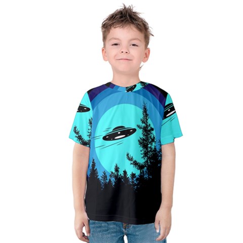 Ufo Alien Night Sky Night Kids  Cotton T-shirt by Cendanart