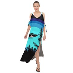 Ufo Alien Night Sky Night Maxi Chiffon Cover Up Dress by Cendanart