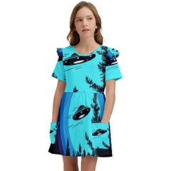 Ufo Alien Night Sky Night Kids  Frilly Sleeves Pocket Dress