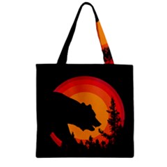 Forest Bear Silhouette Sunset Zipper Grocery Tote Bag by Cendanart