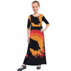 Forest Bear Silhouette Sunset Kids  Quarter Sleeve Maxi Dress by Cendanart