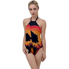 Forest Bear Silhouette Sunset Go With The Flow One Piece Swimsuit by Cendanart