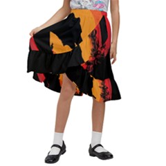 Forest Bear Silhouette Sunset Kids  Ruffle Flared Wrap Midi Skirt