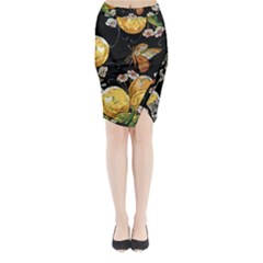 Embroidery Blossoming Lemons Butterfly Seamless Pattern Midi Wrap Pencil Skirt by Ket1n9